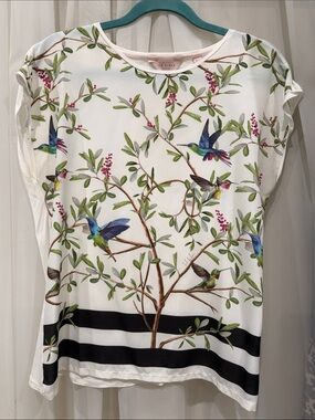 Ted Baker White Short Sleeve Top with Hummingbird & Leaf Print